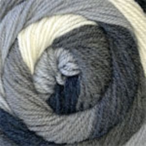 A skein of yarn with grey and white stripes.