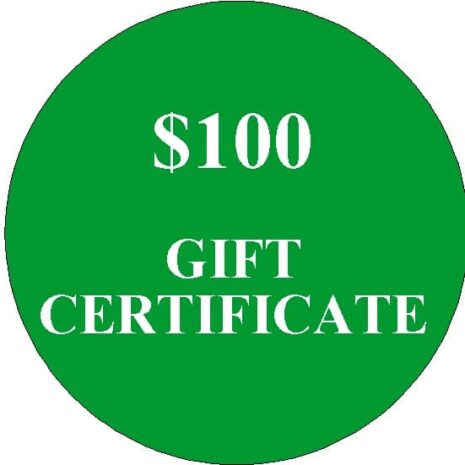 A green circle with the words Gift Certificate $100 for yarn.